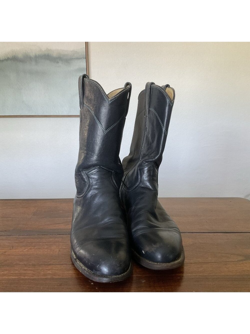 Justin Roper women’s Leather boots size6.5 Black W/navy blue Stitched styleL3057